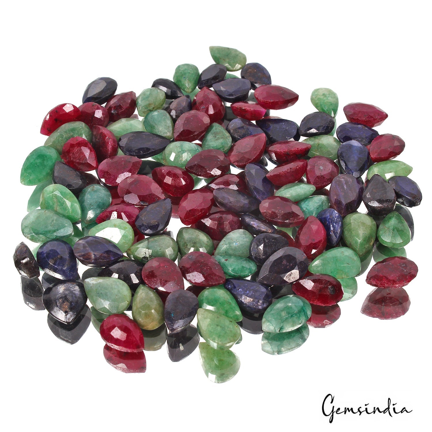 Certified 380 Cts/90 Pcs Natural Multi-Color Ruby Emerald Sapphire Pear Gems Lot