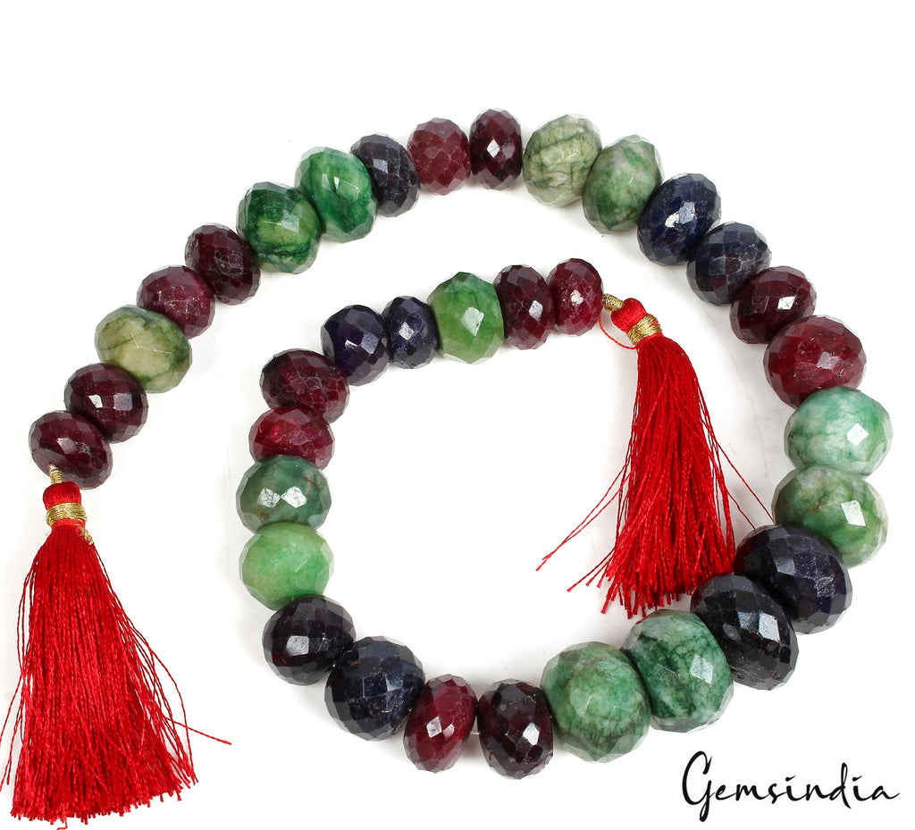 860Ct Natural Ruby Sapphire Emerald Round Checker Cut Center Drill Bead Strand