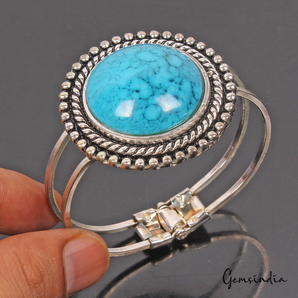 42.60 Gram Blue Round Hand Carved Bangle Bracelet Antique Fashion Jewelry 2.4"