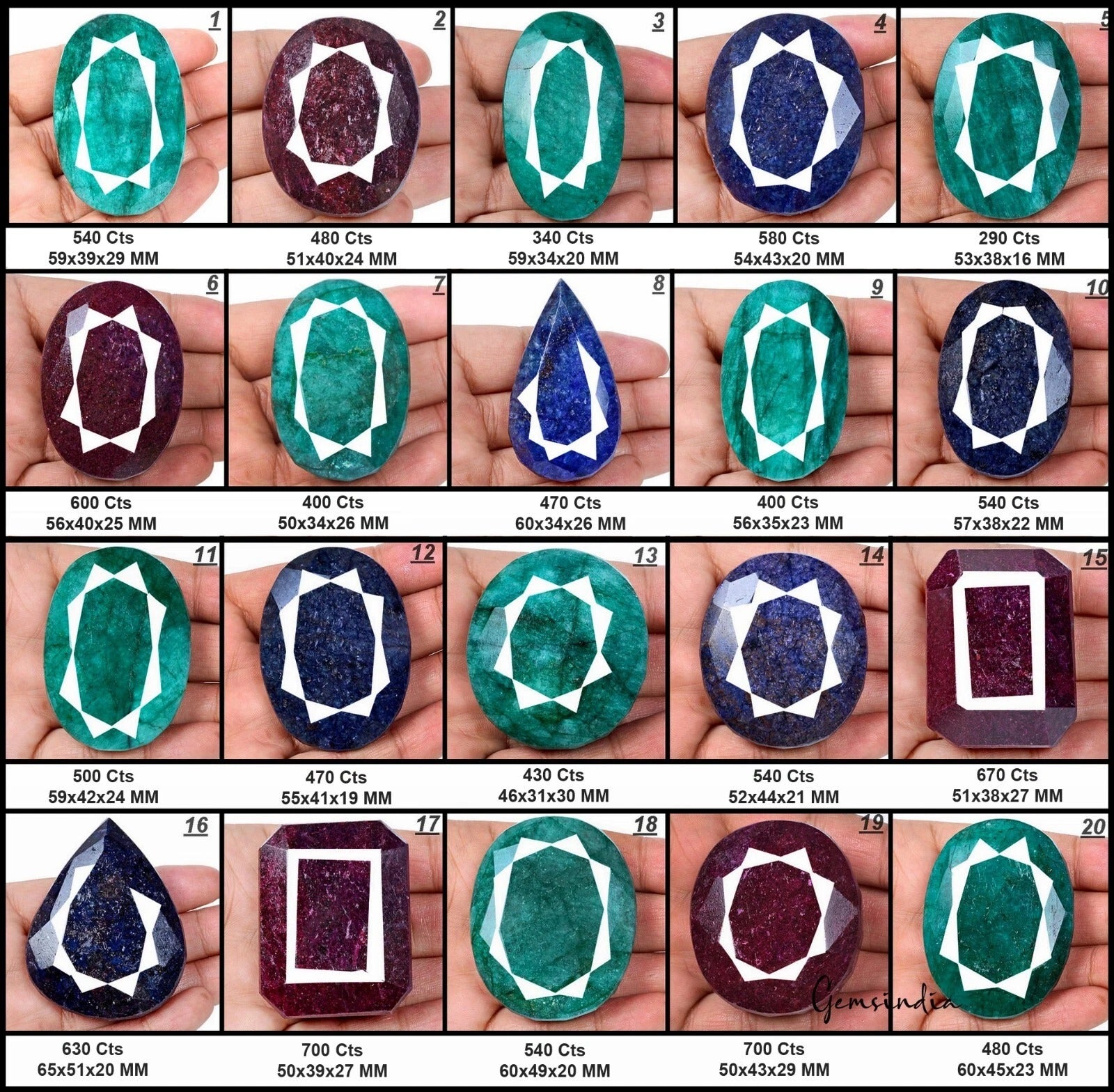 2 Kilo Natural HUGE Red Ruby, Green Emerald, Blue Sapphire Mixed Gems Lot 20 Pcs