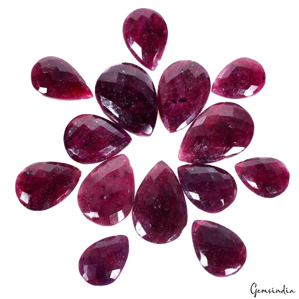 680 Ct/14 Pc Natural Red Ruby Almond Checker cut Drilled Beads/Briolettes~2-35mm