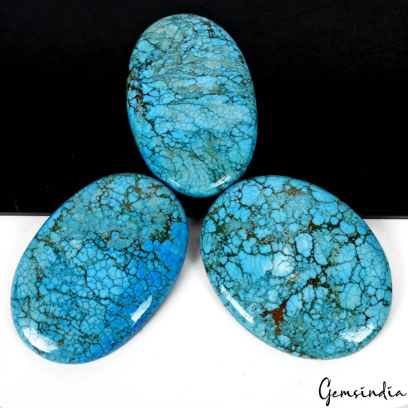3 Pc Natural Blue Turquoise Spiderweb Oval Cabochon Huge 47-49mm Gemstones~300Ct