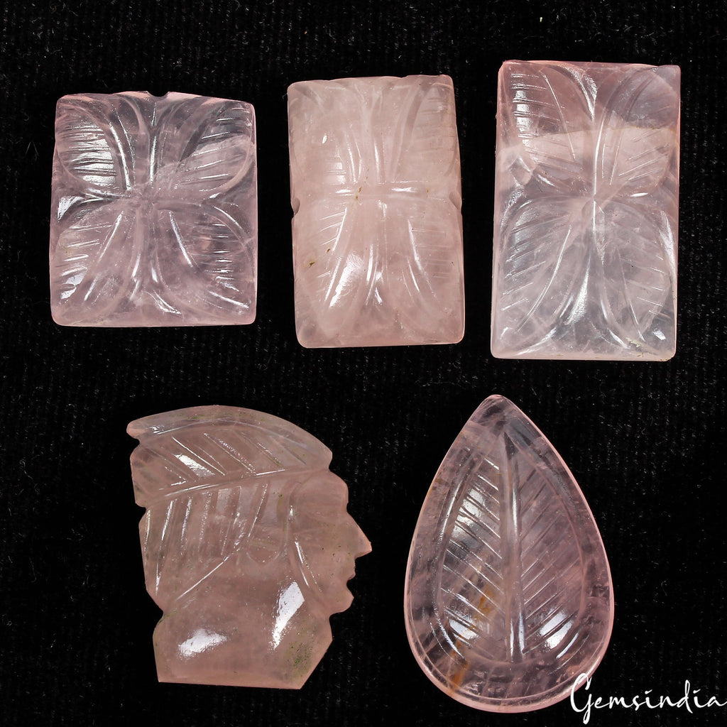 210 Ct/5 Pcs Natural Untreated Pink Rose Quartz Hand Carved Gems Lot For Pendant