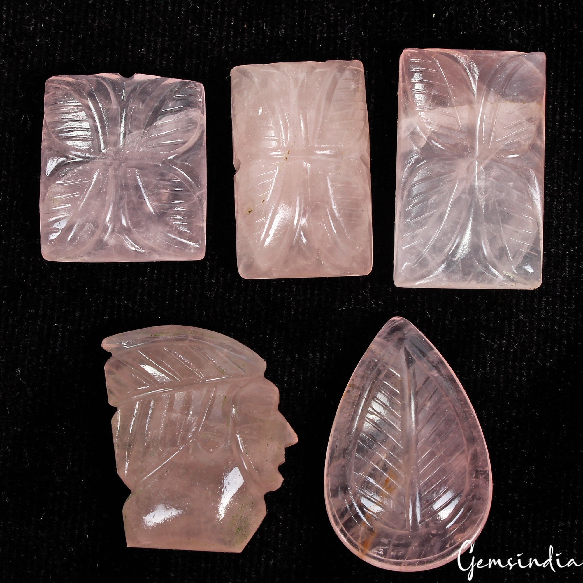 210 Ct/5 Pcs Natural Untreated Pink Rose Quartz Hand Carved Gems Lot For Pendant