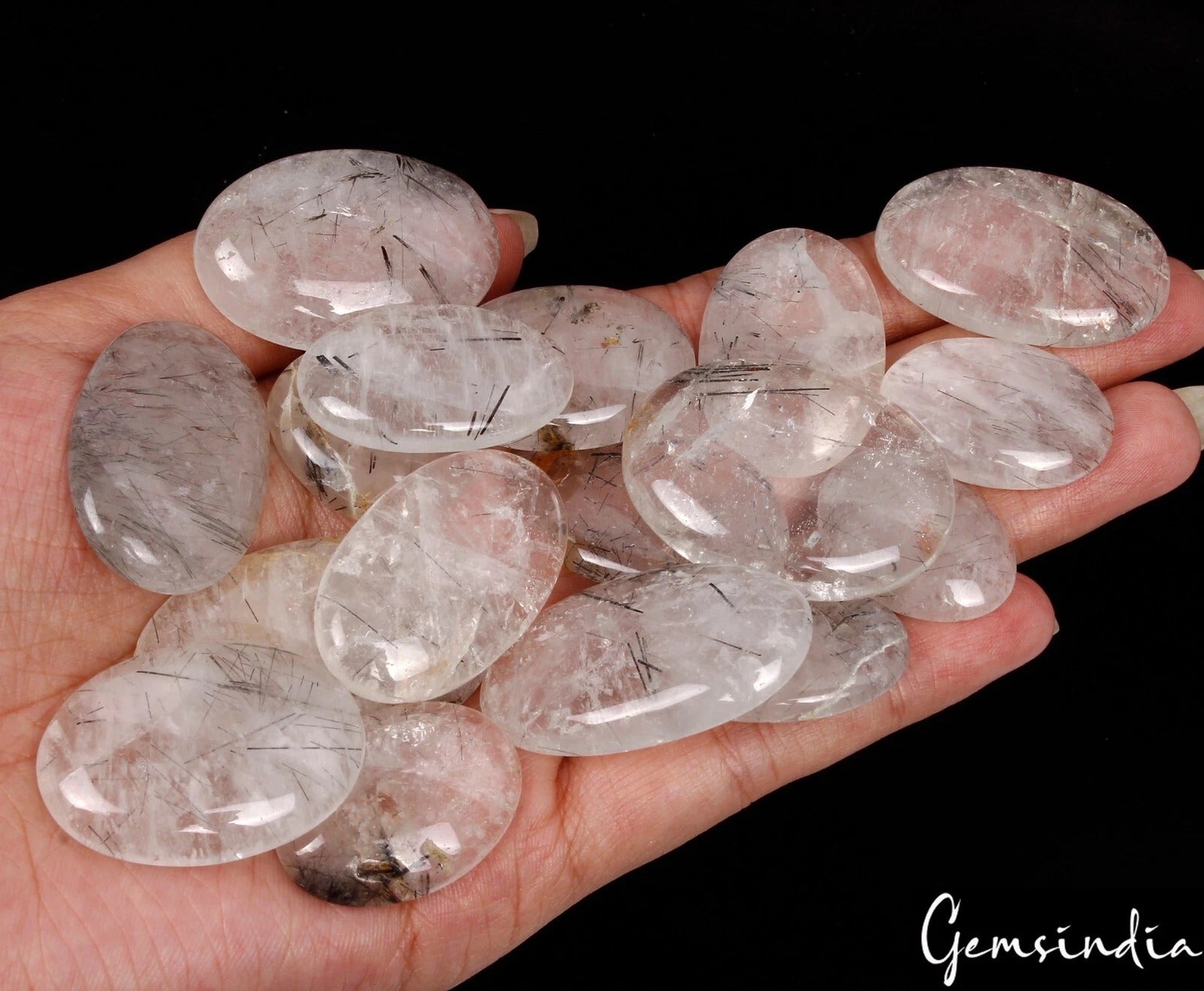 Rutile Quartz Lot, Cabochon, Untreated, Black — 17 Pieces, 25mm to 41mm, 600 Ct, Madagascar