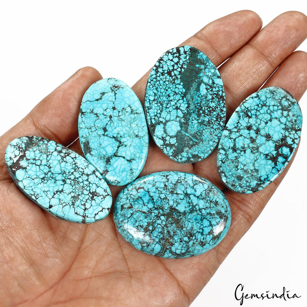 440 Ct/5 Pcs Natural Spiderweb Blue Turquoise Oval Cabochon Loose Gemstone Lot