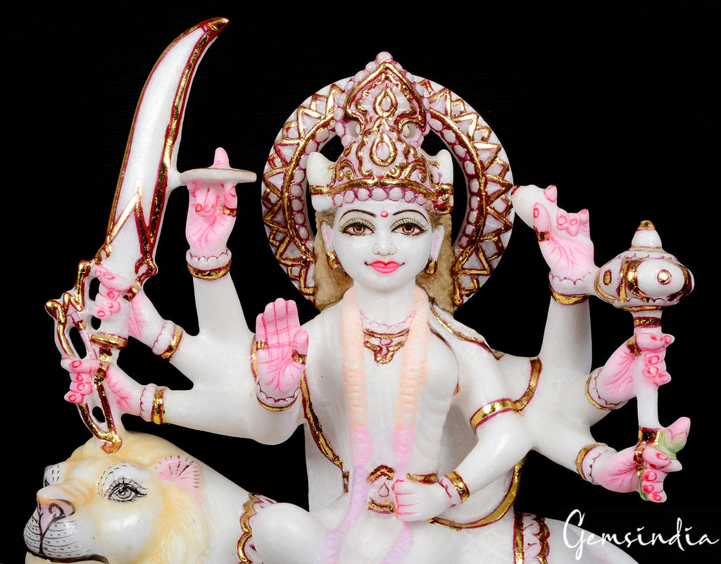 13.2" White Marble Durga Sitting on Lion Statue Hand Crafted Sculpture/ Art Work