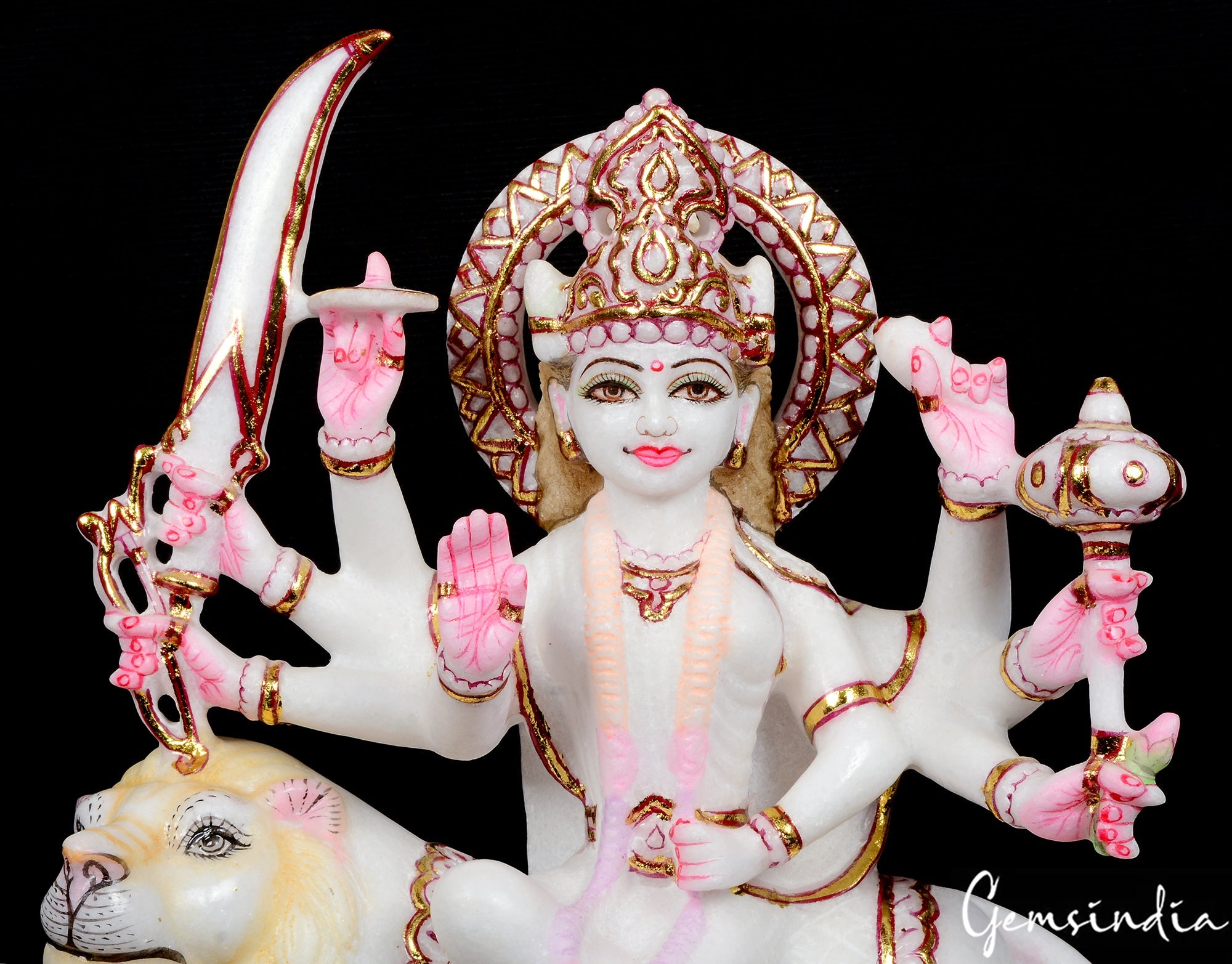 13.2" White Marble Durga Sitting on Lion Statue Hand Crafted Sculpture/ Art Work