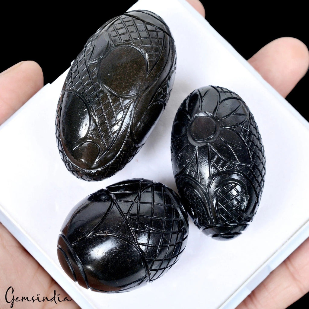 850 Ct Black Onyx Agate Carved Crystal Egg Oval Shape Reiki Healing Gemstones 3P