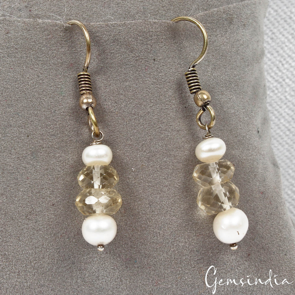 20.40 Cts Natural Citrine & Pearl Gems Drop/Dangle Earring 1.7" Christmas Sale