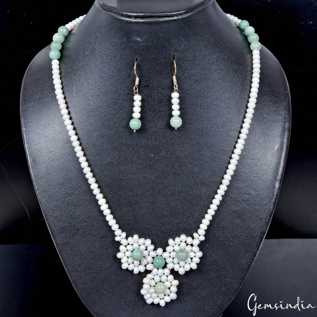 200 Cts Freshwater Pearl Green Emerald Gems Beaded Handmade Necklace & Earring