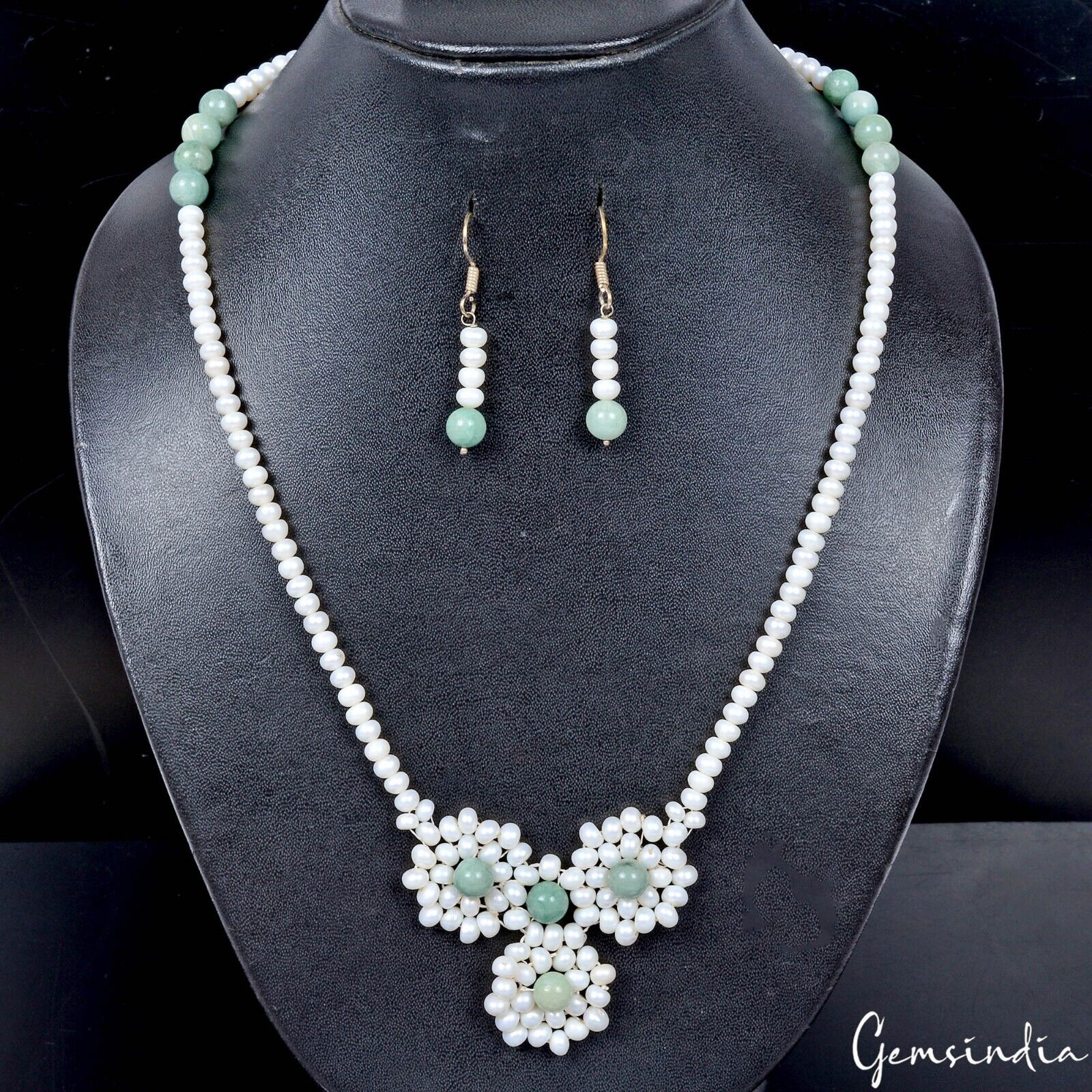 200 Cts Freshwater Pearl Green Emerald Gems Beaded Handmade Necklace & Earring