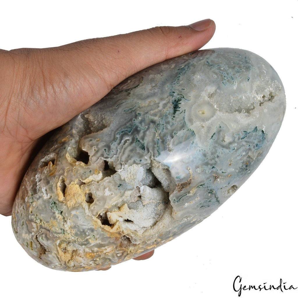 Rare 1.6 Kg Natural Dendrite Moss Agate Druzy Crystal Egg Shape Geode Specimen