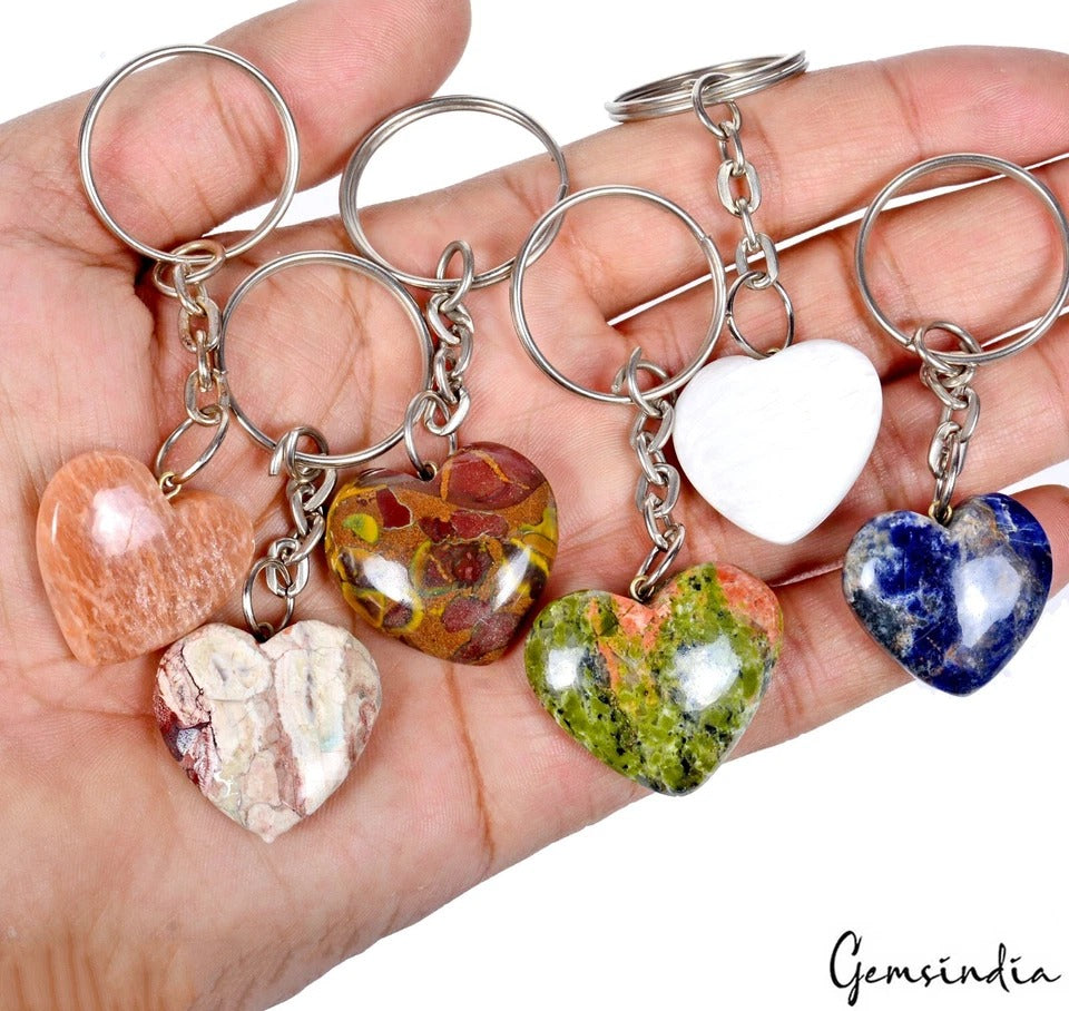 6 Pcs Beautiful Natural Multi Color Gemstones Heart Shape Key Chains for Gift