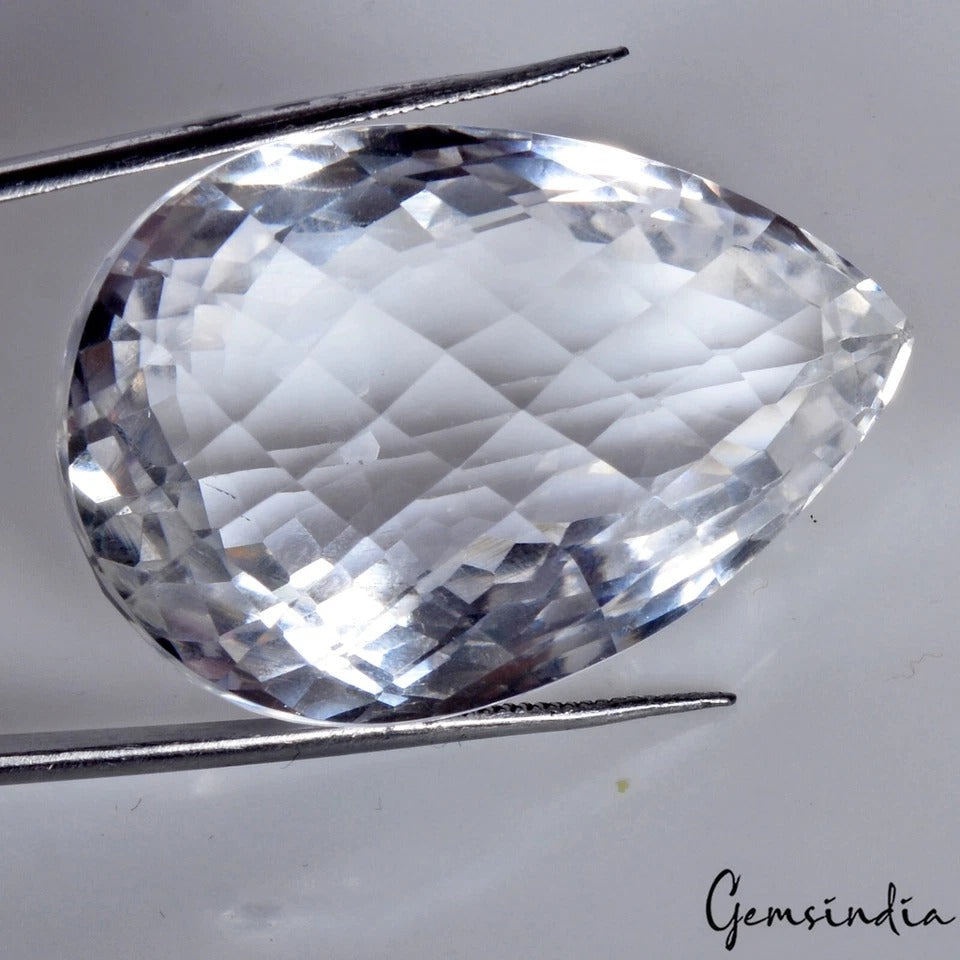 Certified 100.90Ct Natural Crystal White Quartz Pear Checker Cut Loose Gemstone