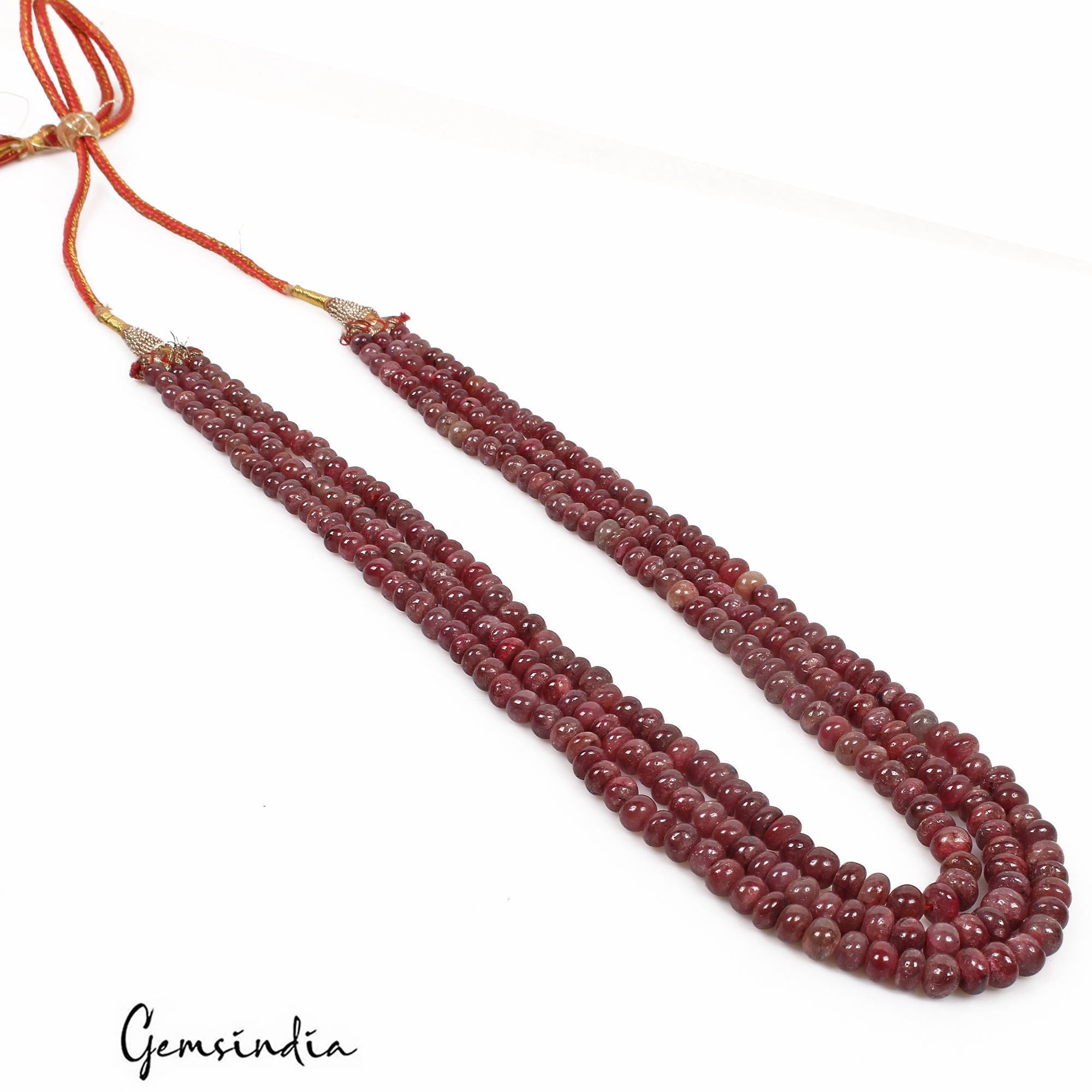 660 Cts Natural Red Ruby Round Cab Beaded Handmade 3 Strand Adjustable Necklace
