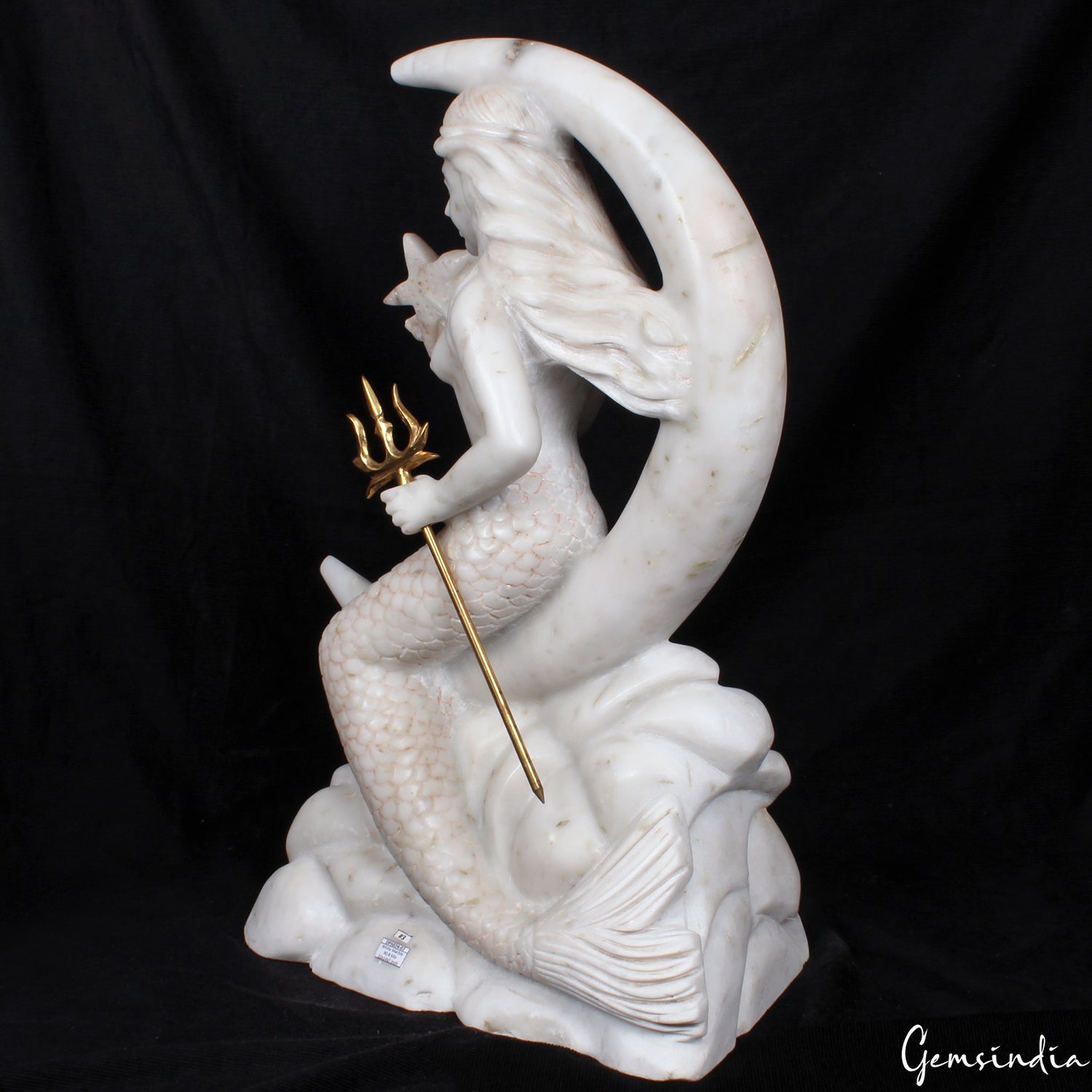 Beautiful Large White Marble Mermaid On The Moon Statue 22" tall Sculpture