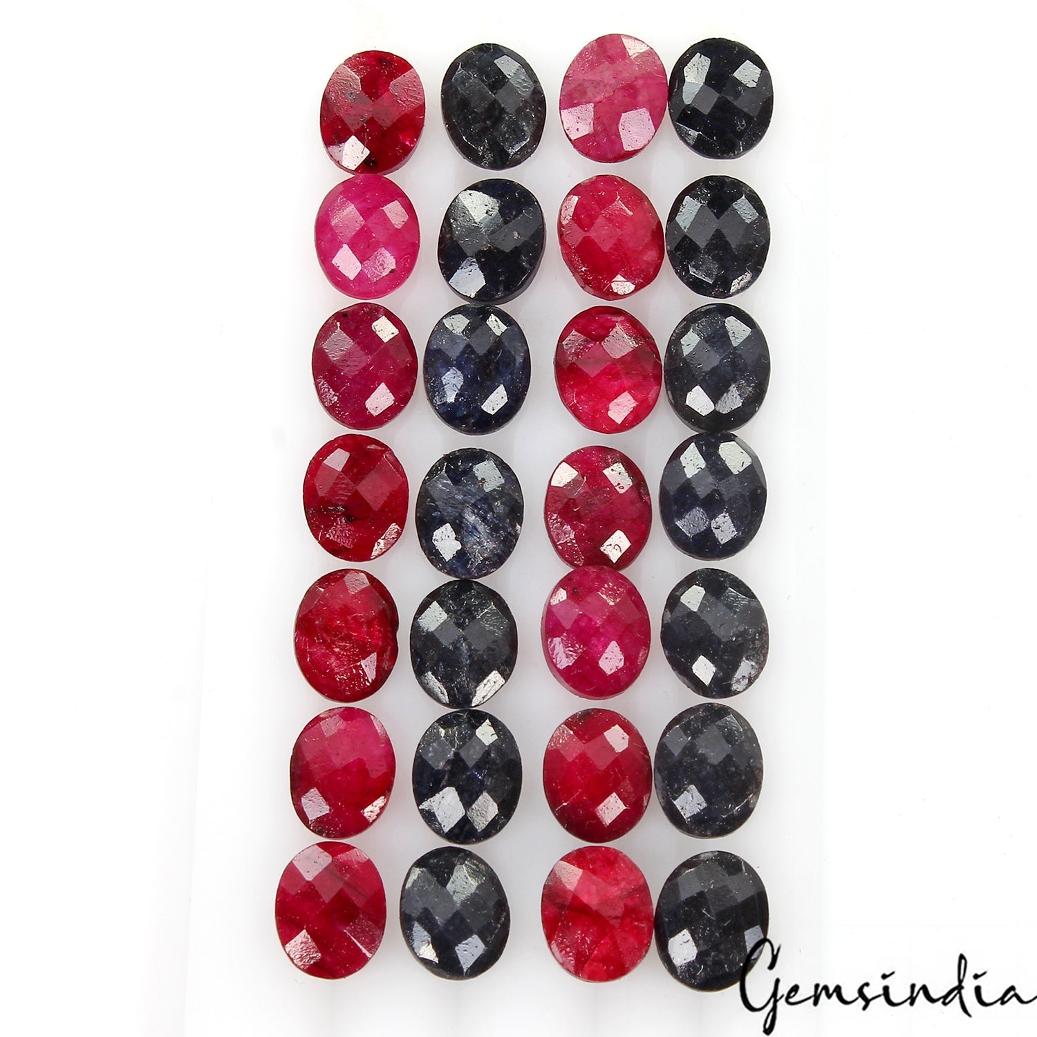 96.80 Ct/28Pcs Natural Red Ruby Blue Sapphire Oval Checker Cut 10x8mm Loose Gems