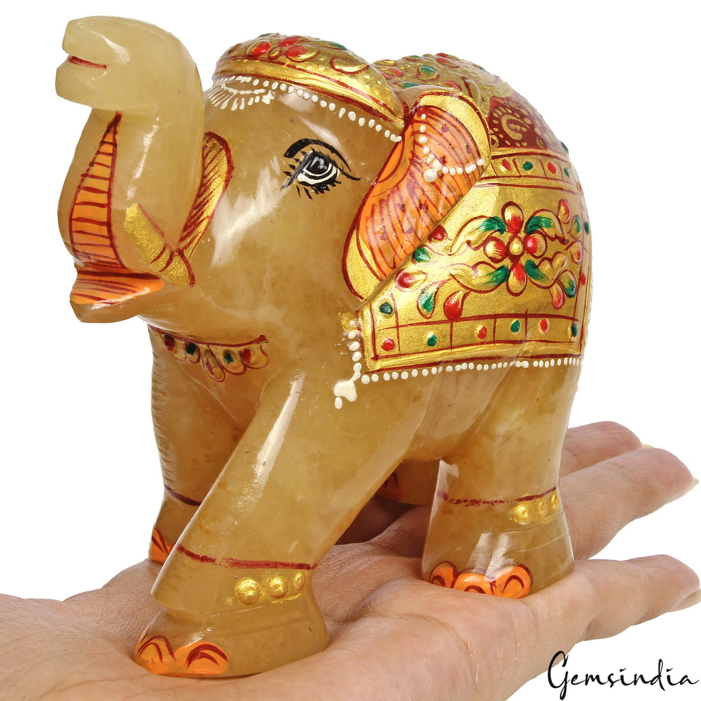 3080 Ct Hand Crafted Gold Painted Trunk Up Elephant Natural Aventurine Sculpture