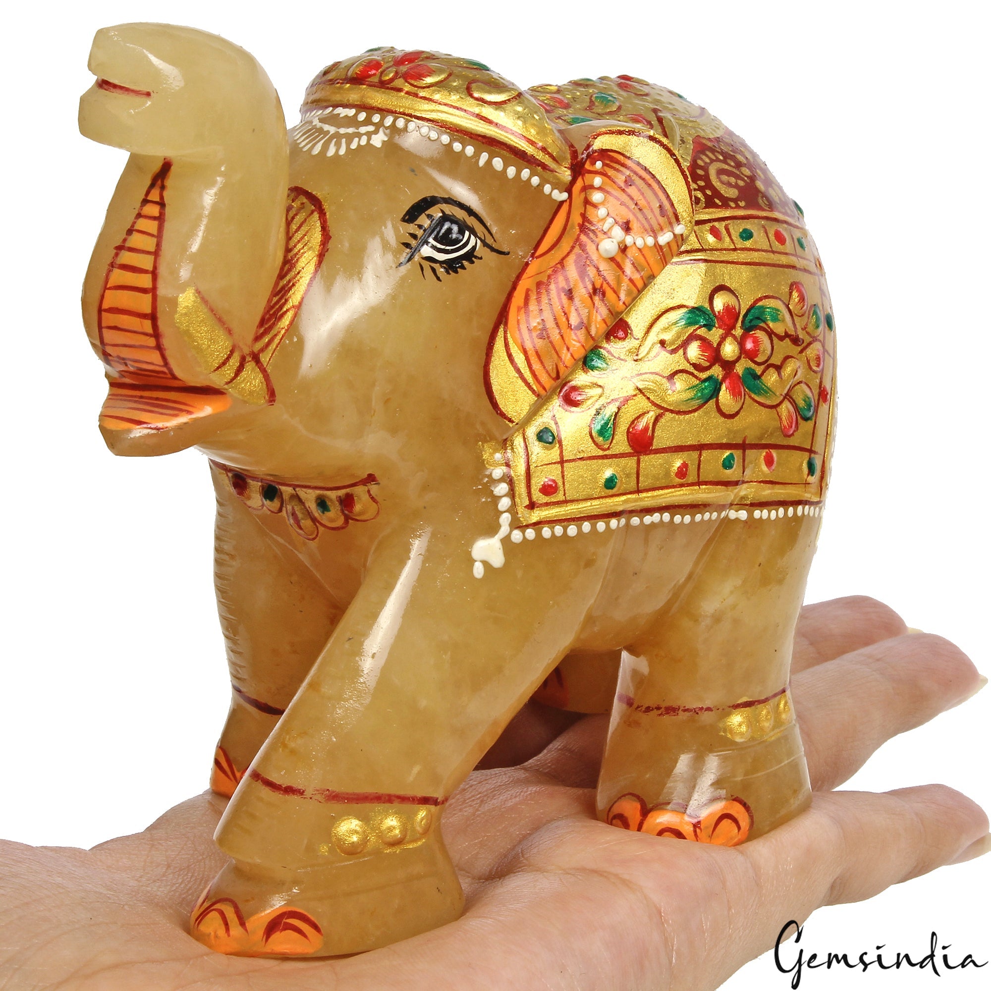 3080 Ct Hand Crafted Gold Painted Trunk Up Elephant Natural Aventurine Sculpture