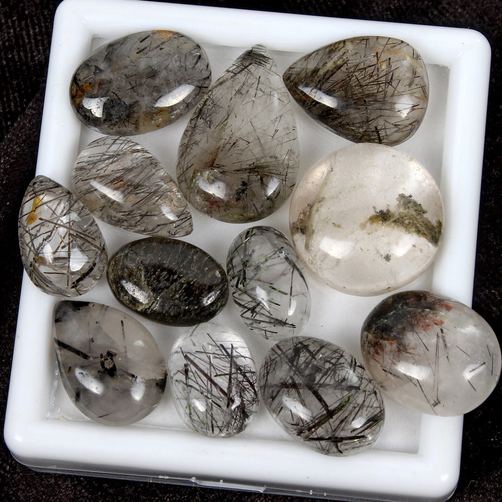 143.80Ct/12 Pcs Natural Untreated Black Wire Rutile Quartz Mix Cabochon Gemstone