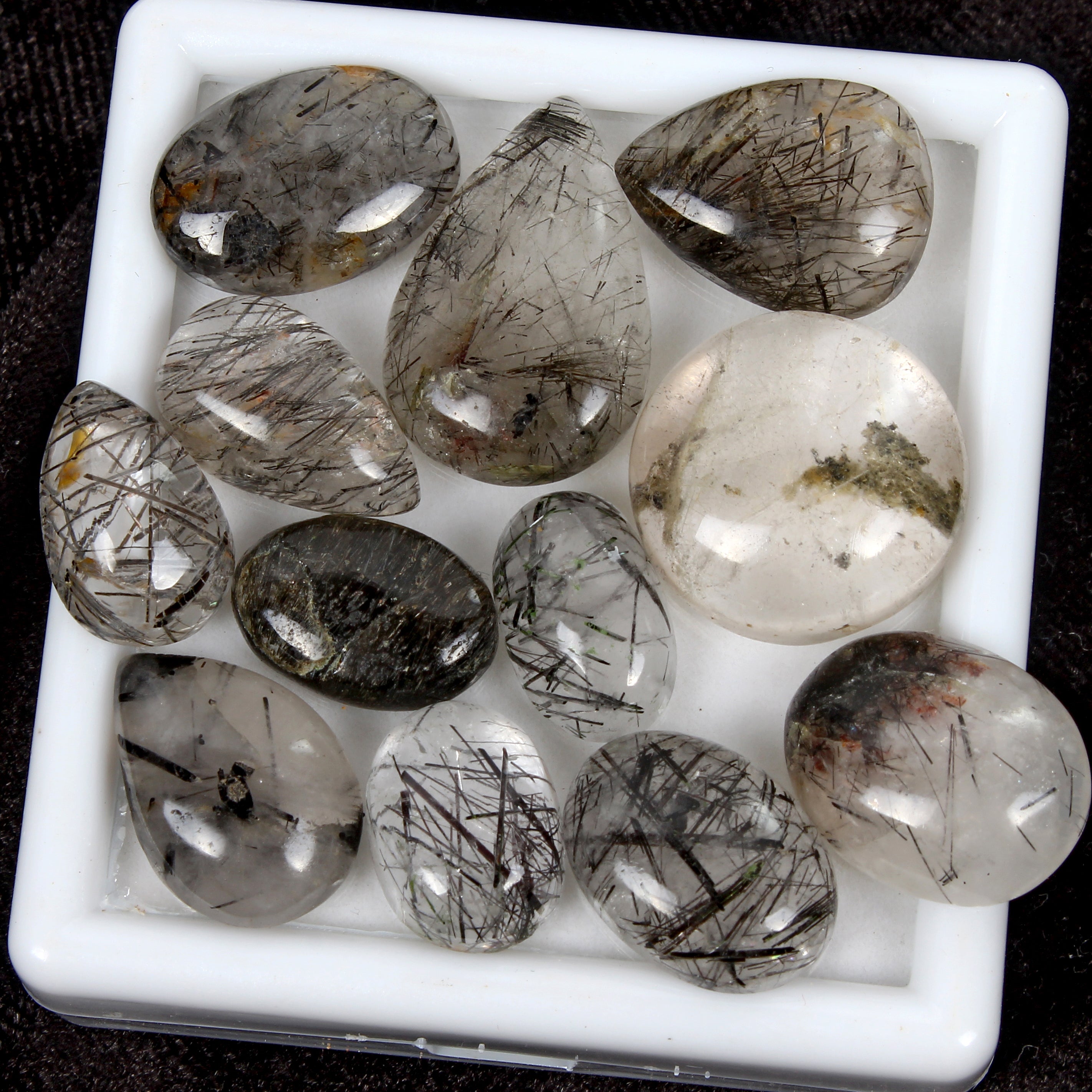 143.80Ct/12 Pcs Natural Untreated Black Wire Rutile Quartz Mix Cabochon Gemstone