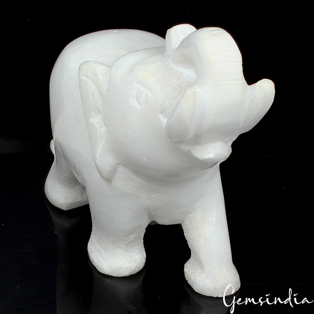 1280 Ct+ Natural White Marble Carved Trunk Up Elephant Hand made Sculpture ~3"