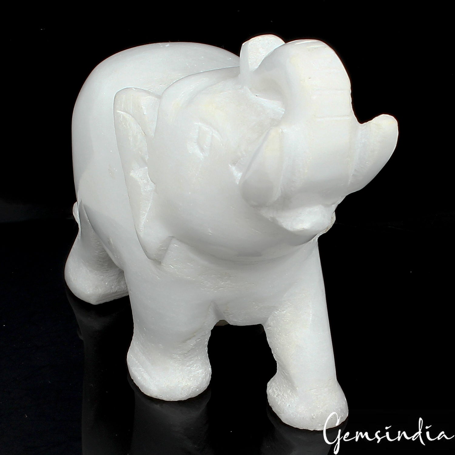 1280 Ct+ Natural White Marble Carved Trunk Up Elephant Hand made Sculpture ~3"