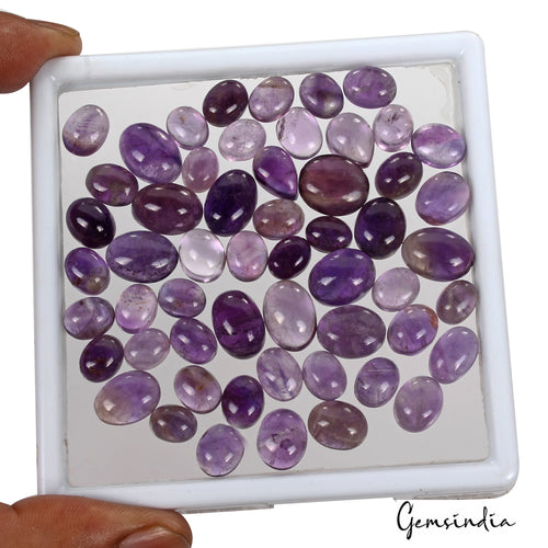 Amethyst Lot, Cabochon, Oval Cabochon, Untreated — 55 Pieces, 9mm to 14mm, 212.40 Ct, Brazil