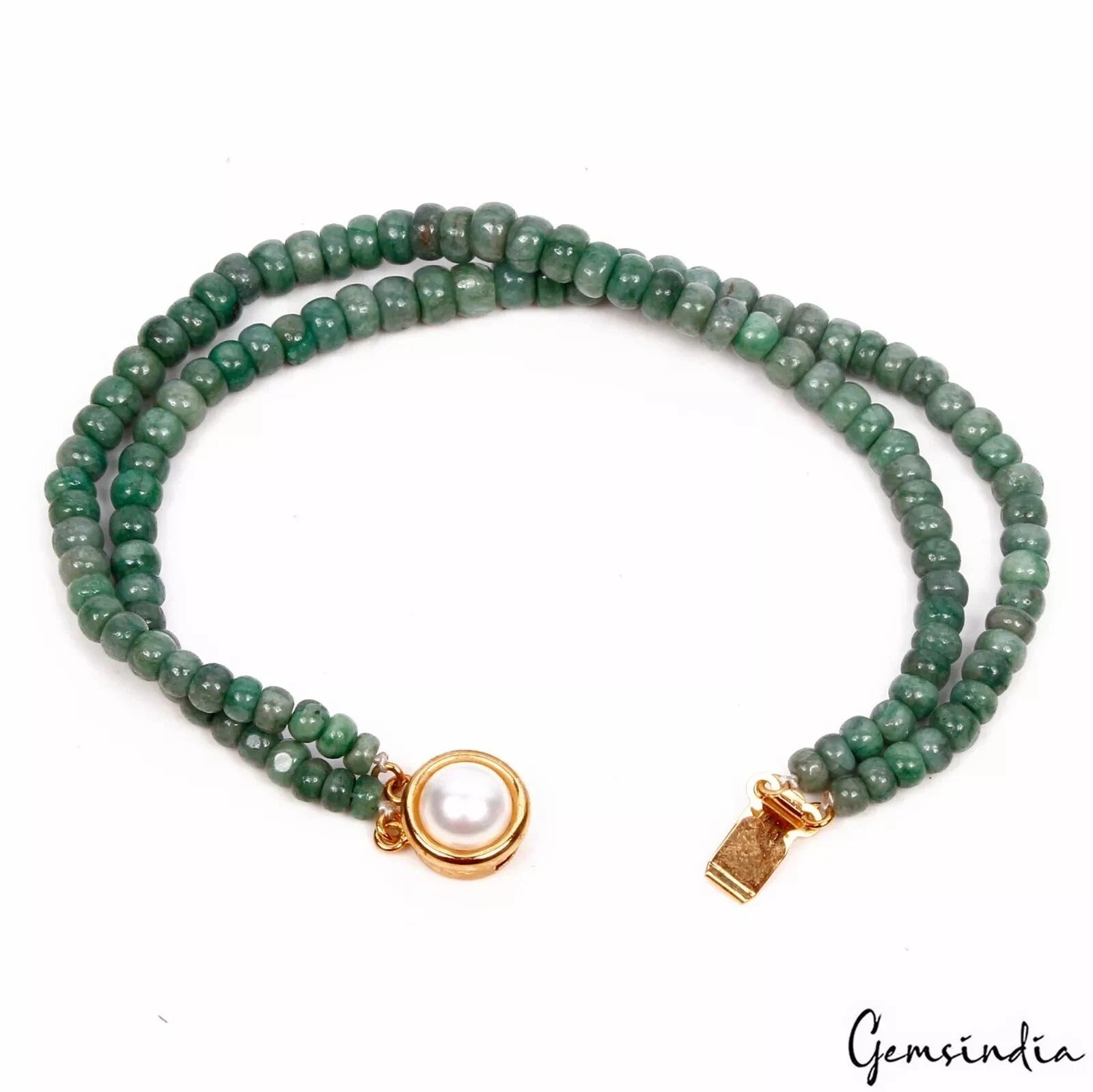 79 Ct Natural Green Emerald Round Beaded 2 Strand Bracelet 7.5" Slide Pearl Lock