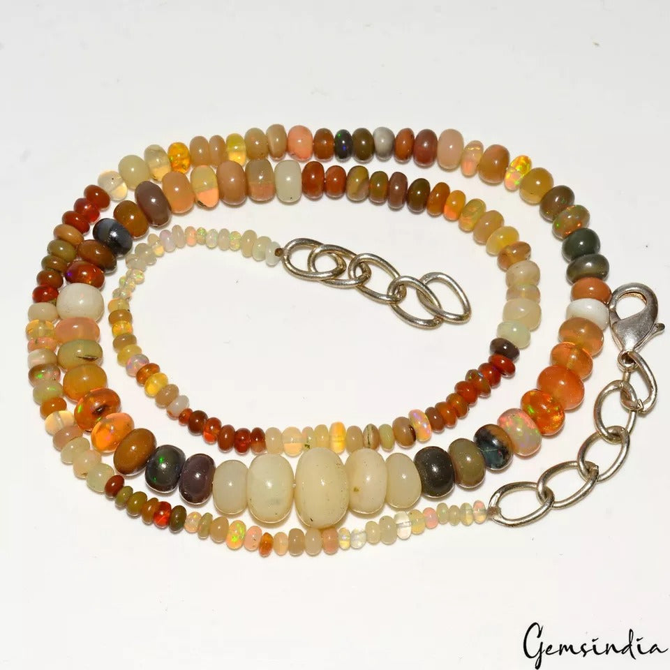 55+Ct Natural Multi Shine Ethiopian Opal Round cab Beaded Single Strand Necklace