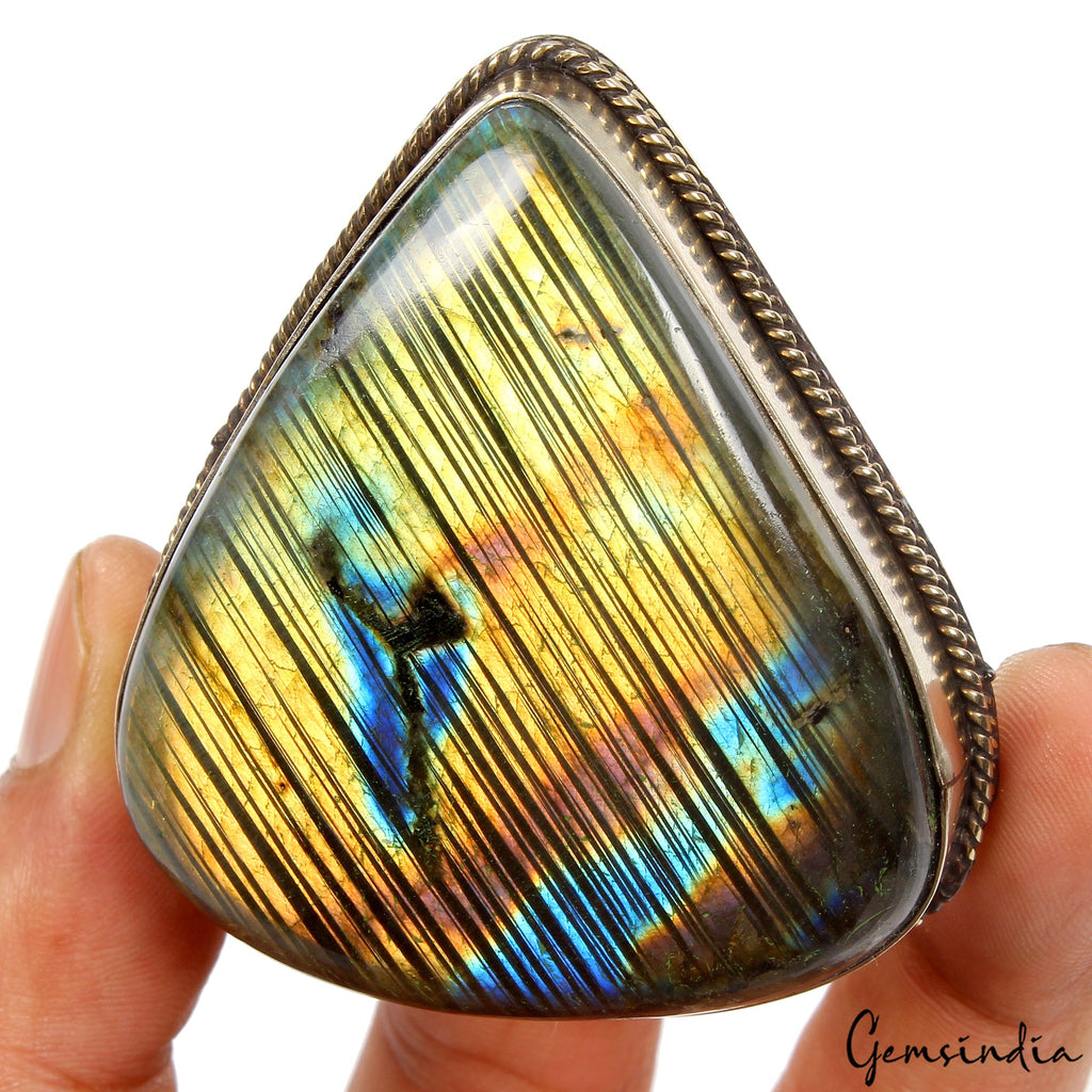 Multi Fire Labradorite Gemstone Silver Handmade Jewelry Belt Buckle ~82 gm/2.5"