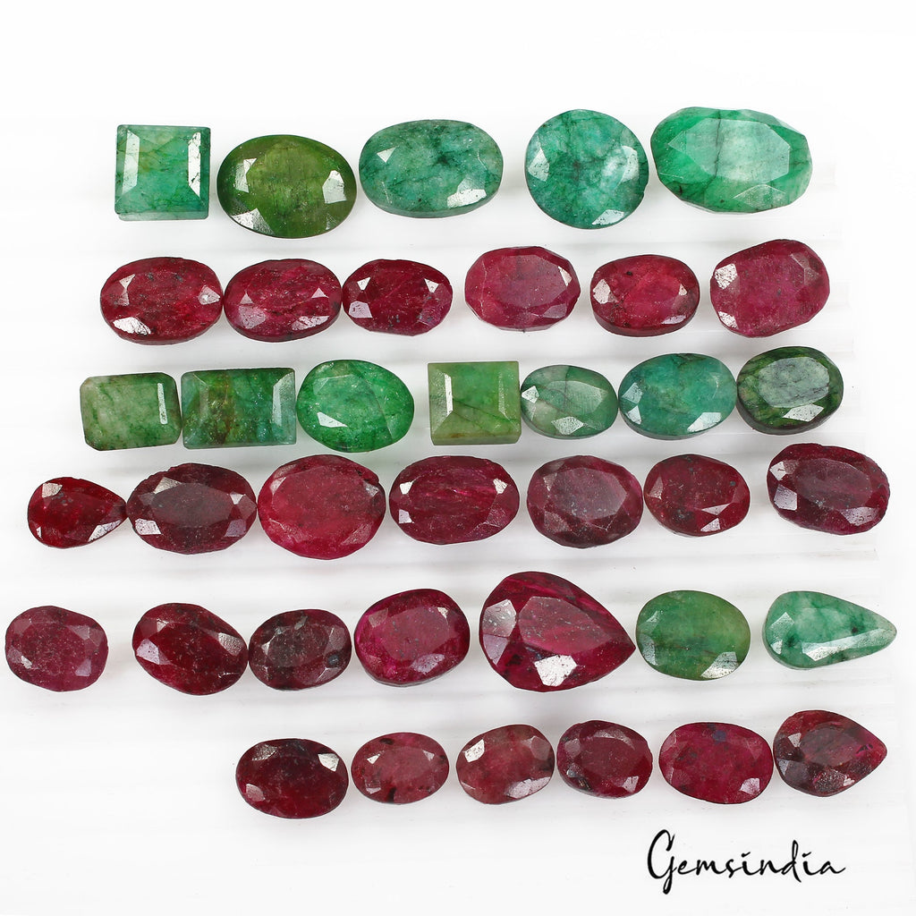 550 Cts/38 Pcs Natural Green Emerald Red Ruby Mixed Cut Loose Wholesale Gems Lot