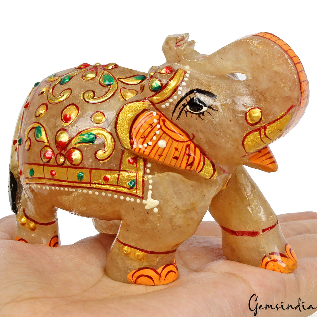 Hand Crafted Gold Painted Trunk Up Elephant 1420 Ct Natural Aventurine Sculpture