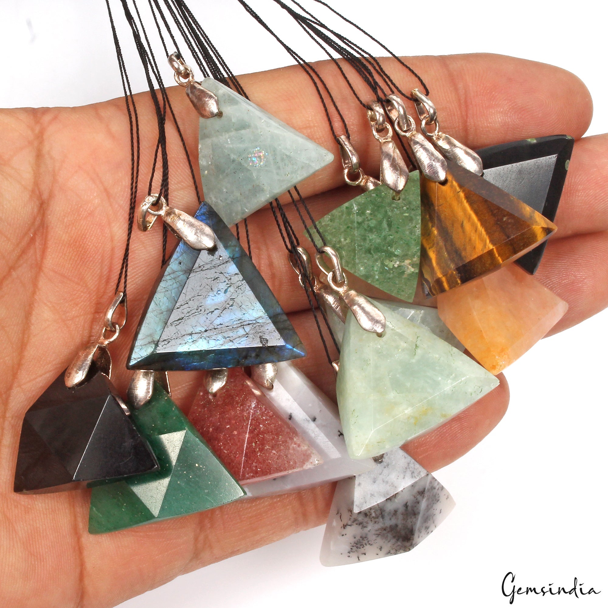 14Pc Natural Multi Gem Reversible Crystal Healing Trillion Shape Pendant Jewelry