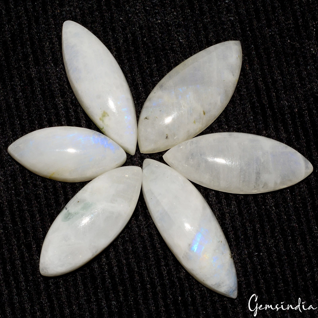 6 Pcs Natural Rainbow Moonstone Blue Shine Marquise Cab Loose Jewelry Gemstones