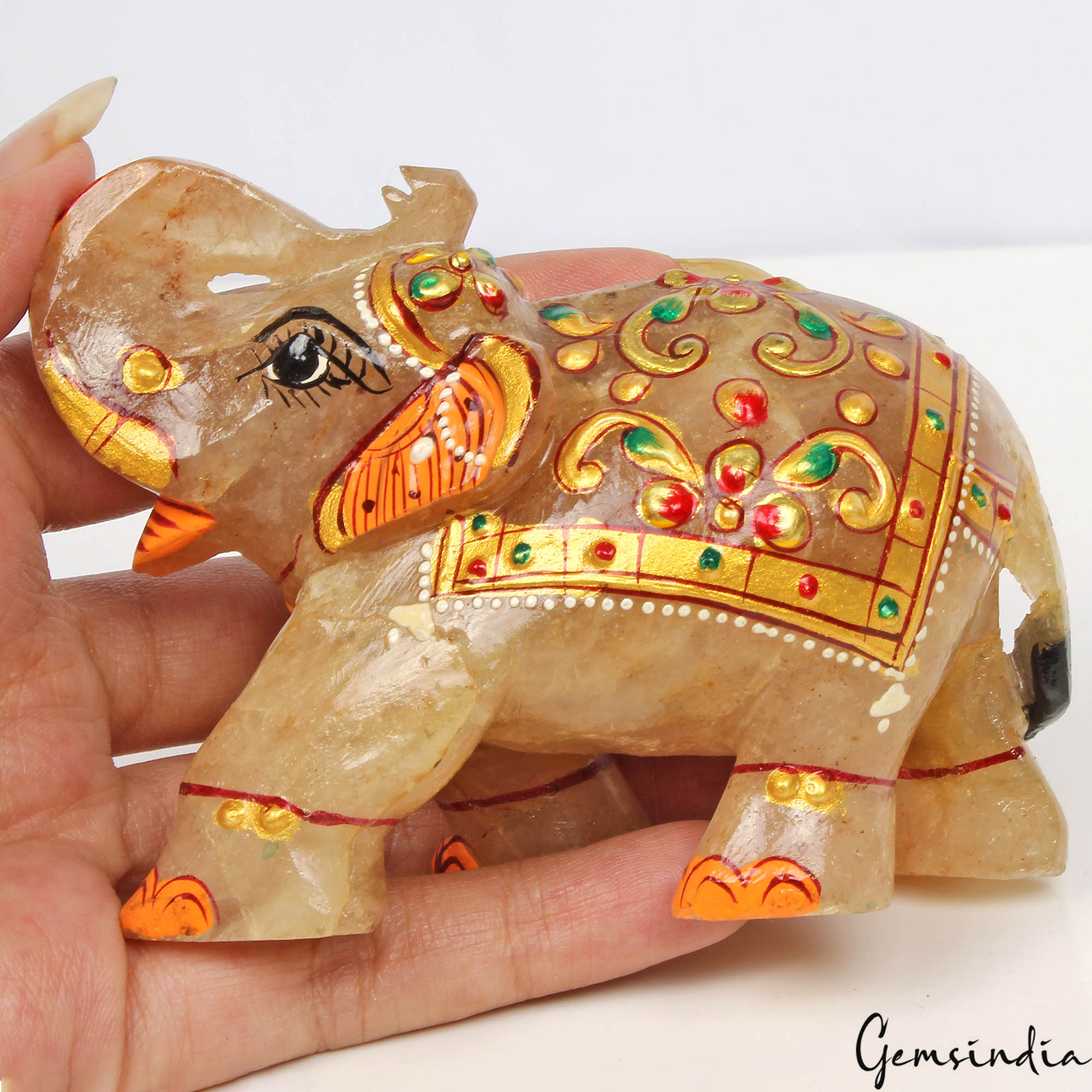 Hand Crafted Gold Painted Trunk Up Elephant 1420 Ct Natural Aventurine Sculpture