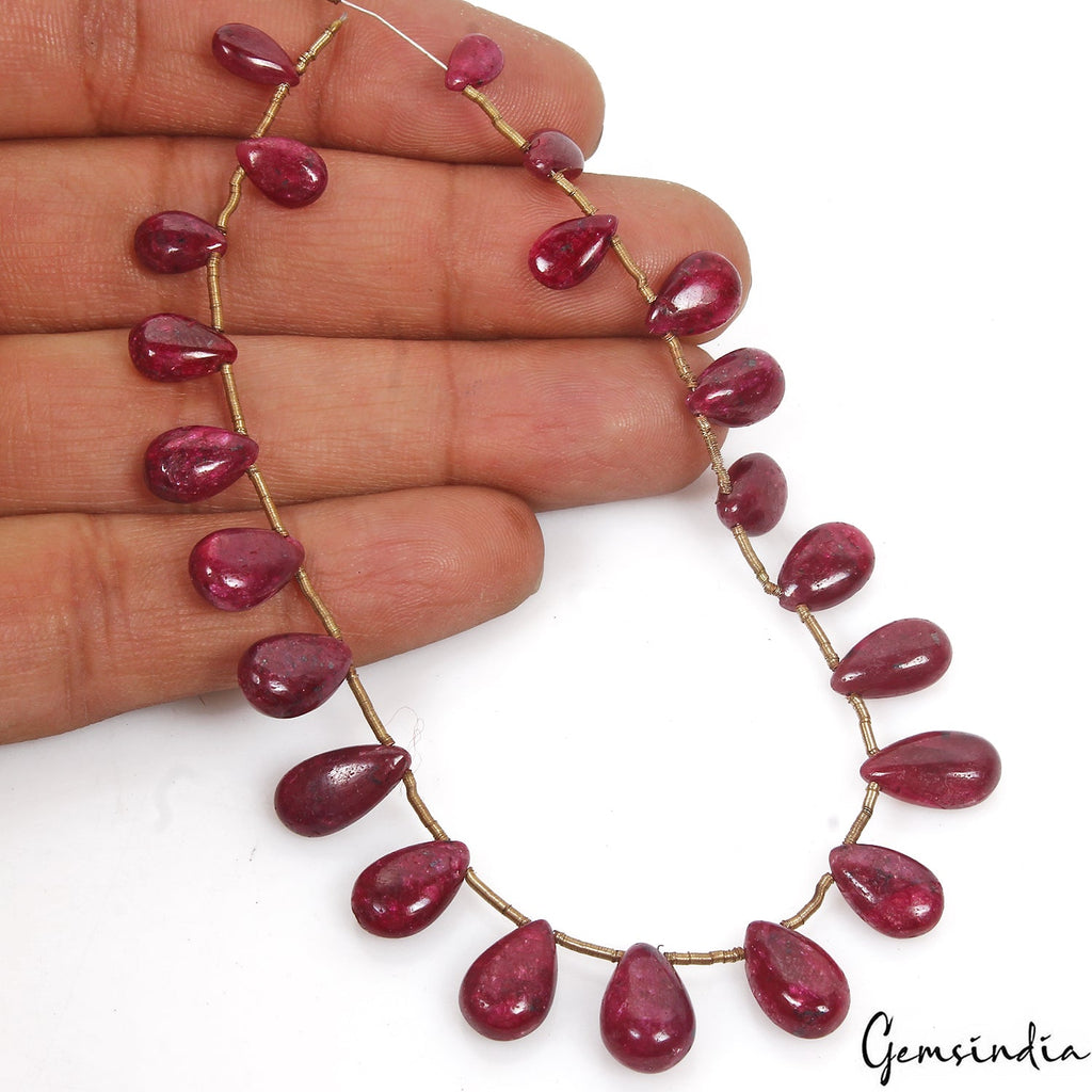 88.50 Cts/22 Pcs Natural Red Ruby Pear Cab Side Drilled Bead/Briolette Strand~9"