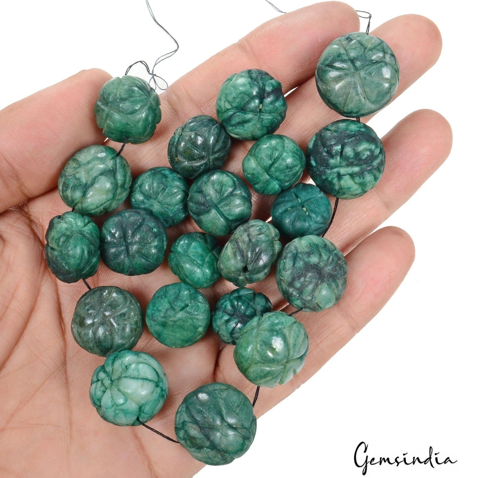 460 Cts/21 Pcs Natural Green Emerald Round Pumpkin Carved Drilled Bead Gems Lot