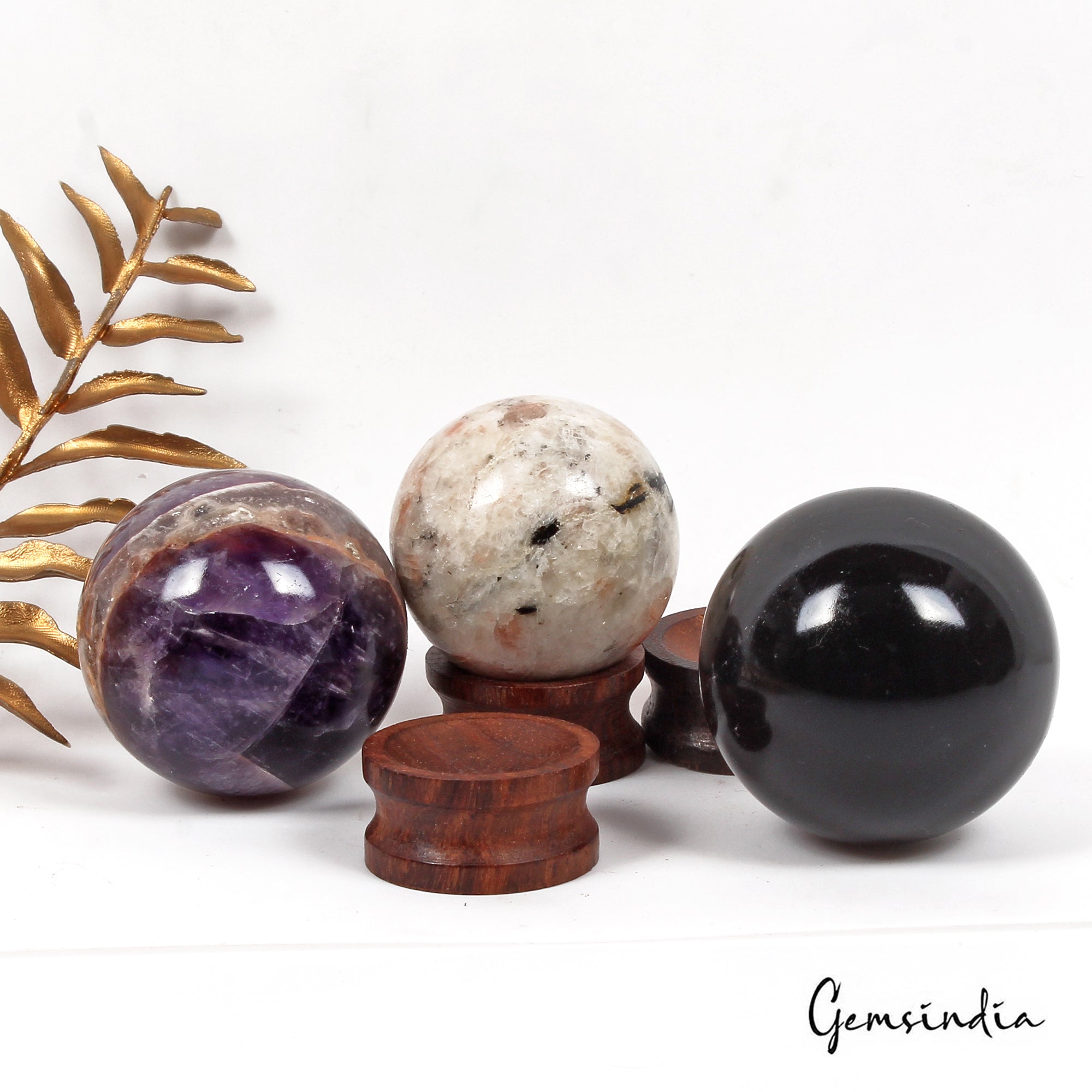 1190 Ct/3 Pcs Natural Untreated Multi Healing Crystal Gems Sphere Lot With Stand