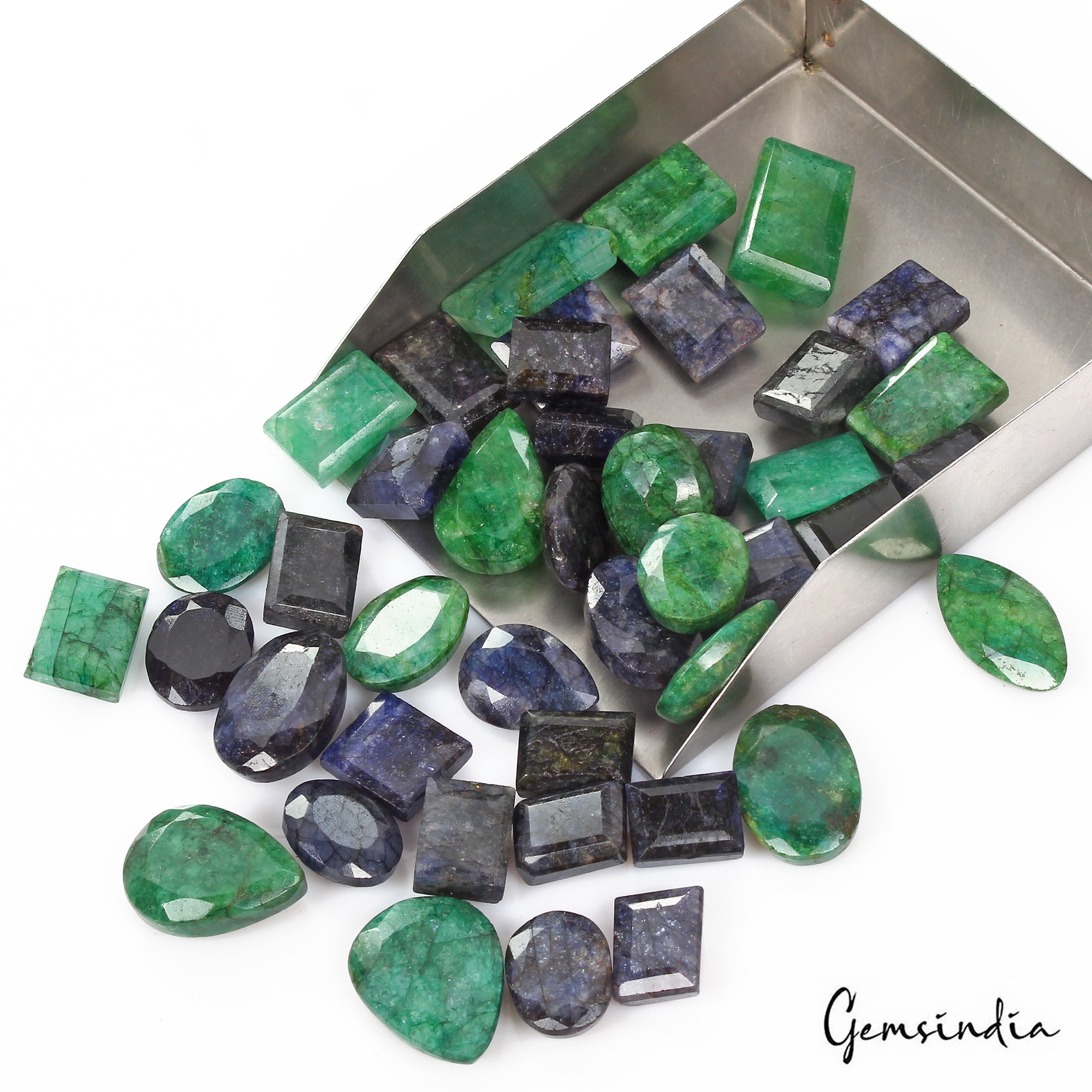 Certified 990 Ct/43 Pc Natural Blue Sapphire Green Emerald Mix Cut Loose Gem Lot