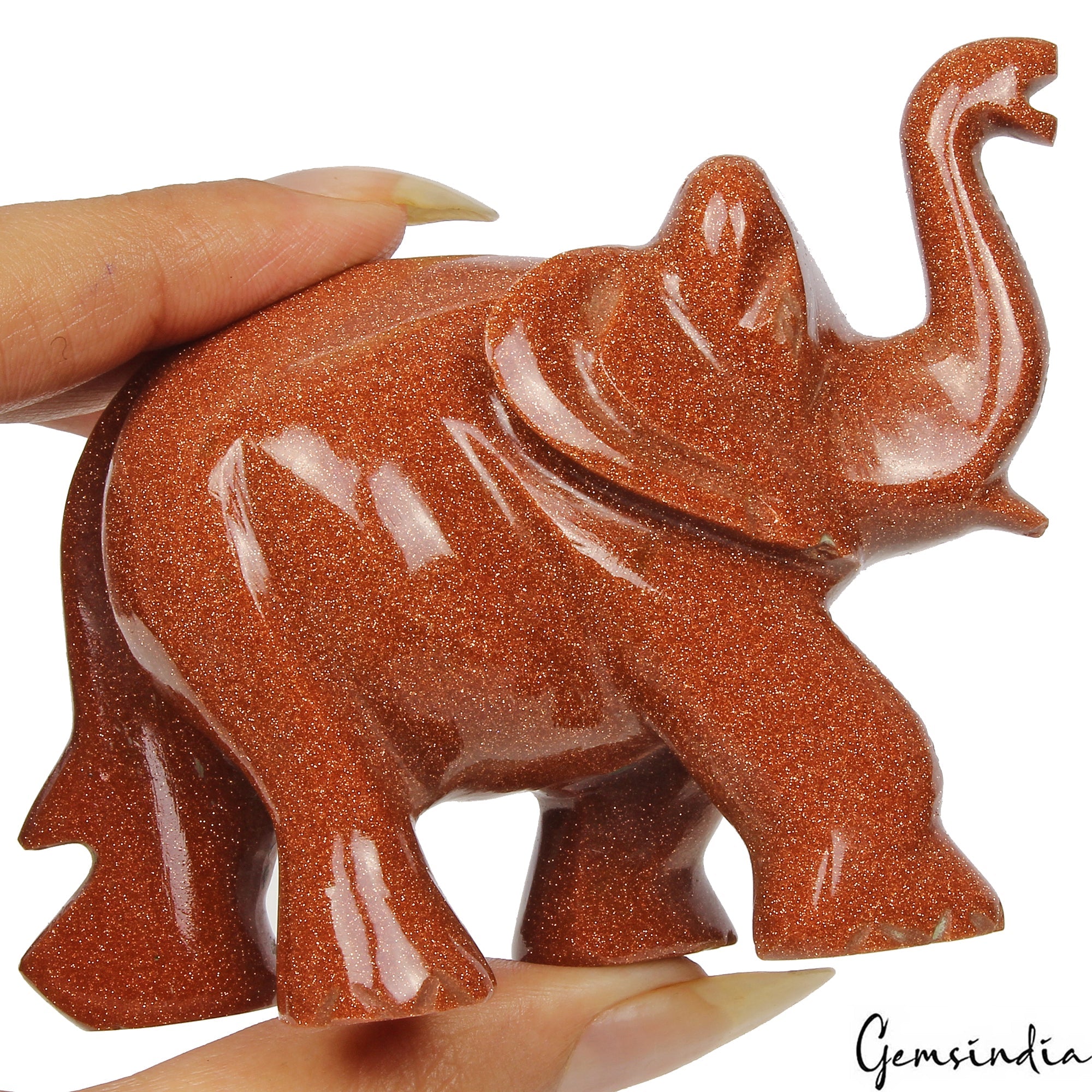 1020Ct Natural Brown Sunstone Trunk up Elephant Hand Crafted/Home Decor Gemstone
