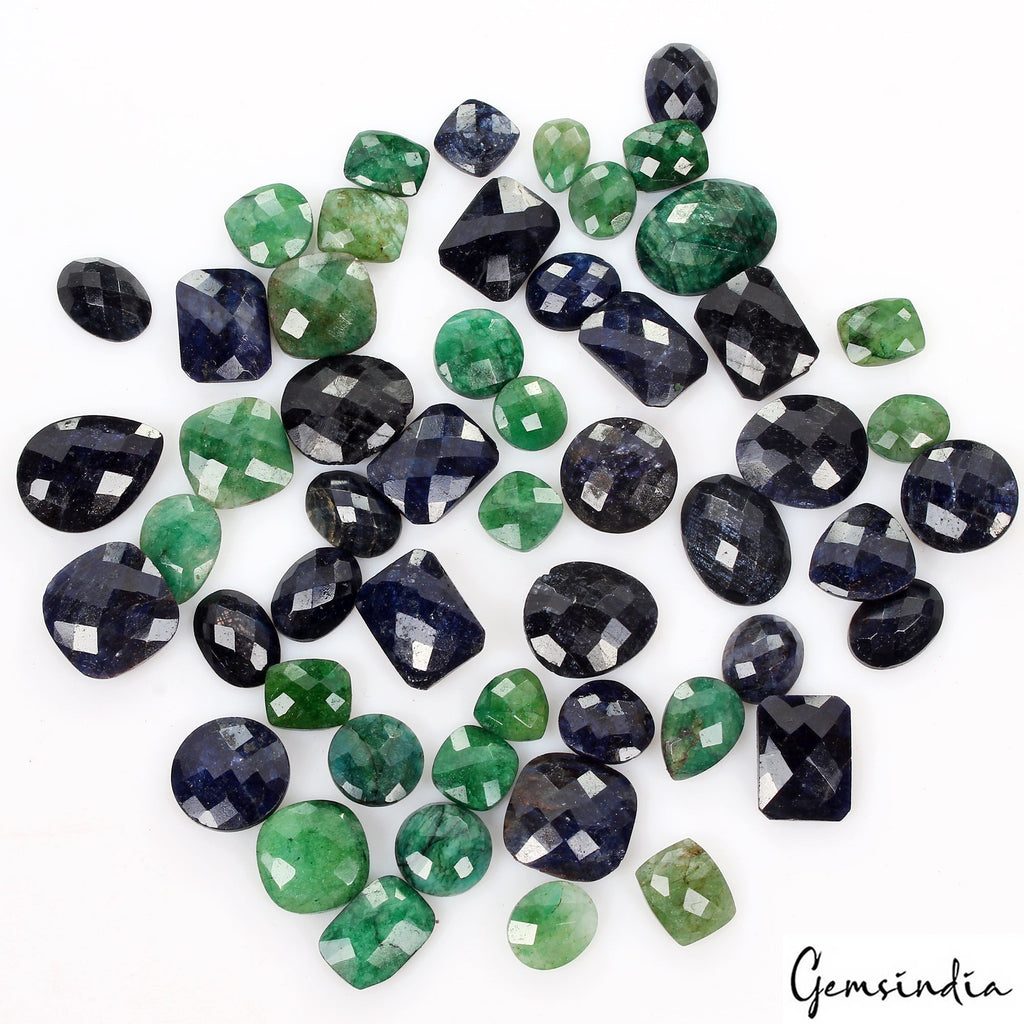 Certified 400 Ct Natural Emerald & Sapphire Mix Checker Cut Loose Gemstones Lot