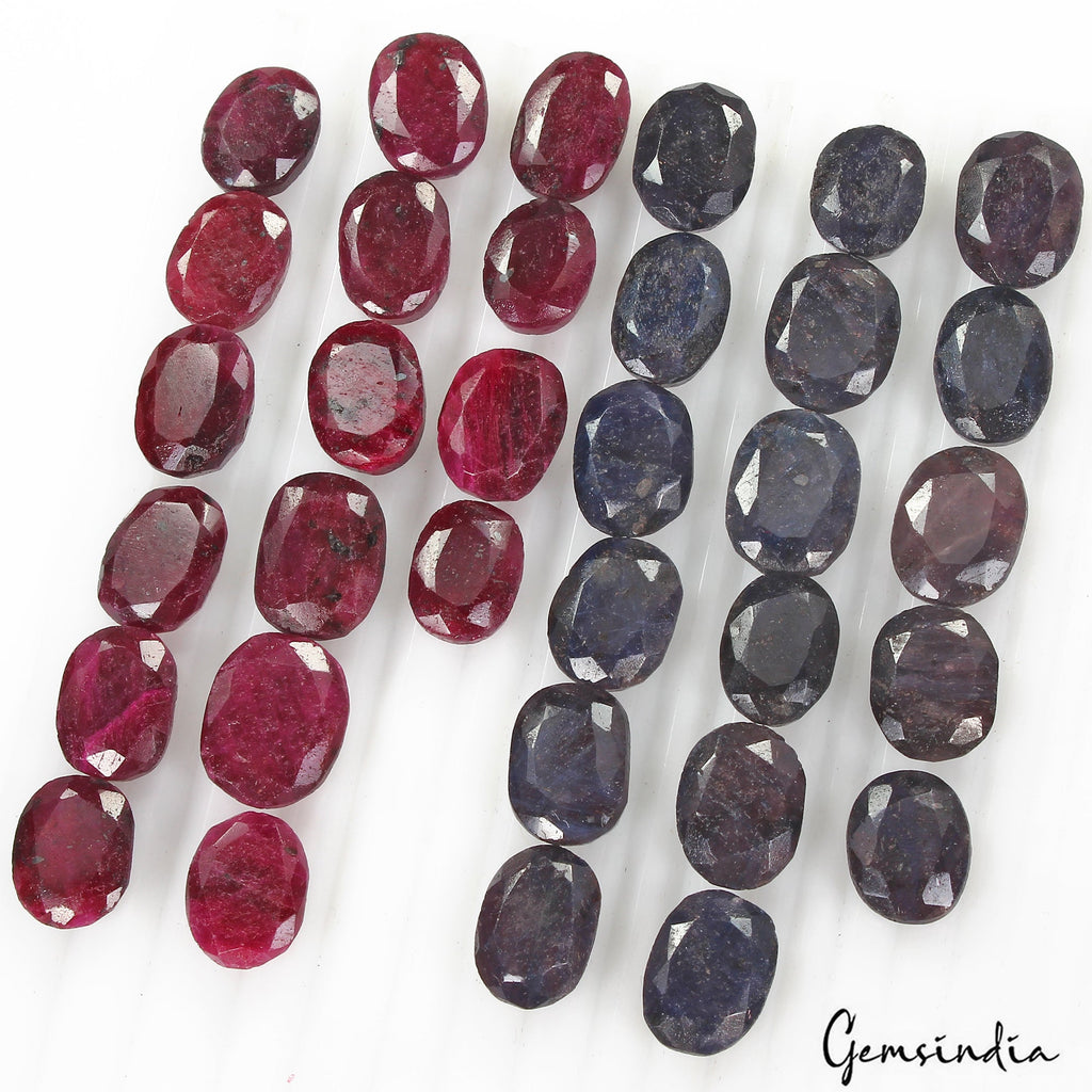 640 Ct/33 Pcs Natural Red Ruby Blue Sapphire Oval Cut Loose Gems Lot For Jewelry