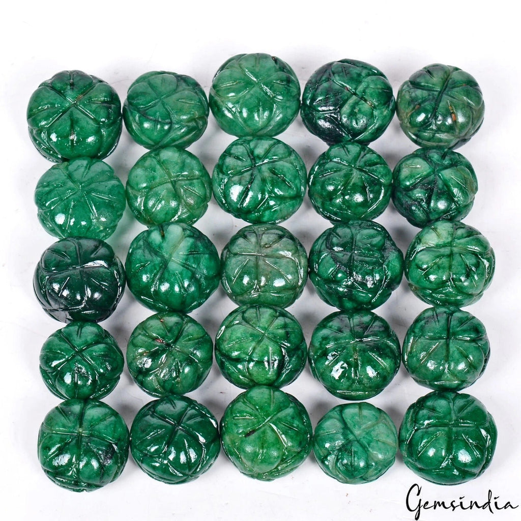 530 Ct/25 Pcs Natural Dark Green Emerald Round Drill Carved Beads Strand~15"Long
