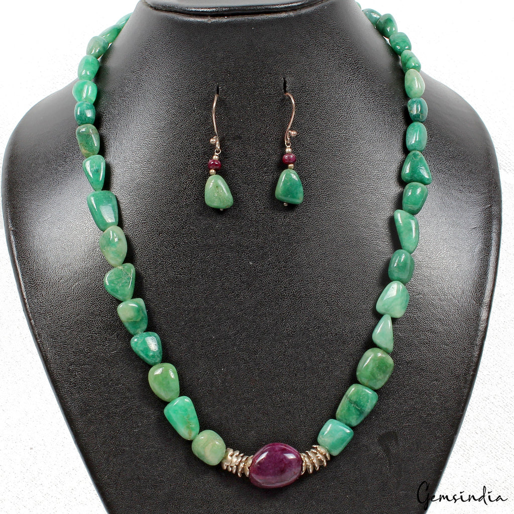 325 Ct Natural Emerald Ruby Tumble Cab Beaded Handmade Necklace with Earrings