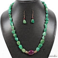 325 Ct Natural Emerald Ruby Tumble Cab Beaded Handmade Necklace with Earrings