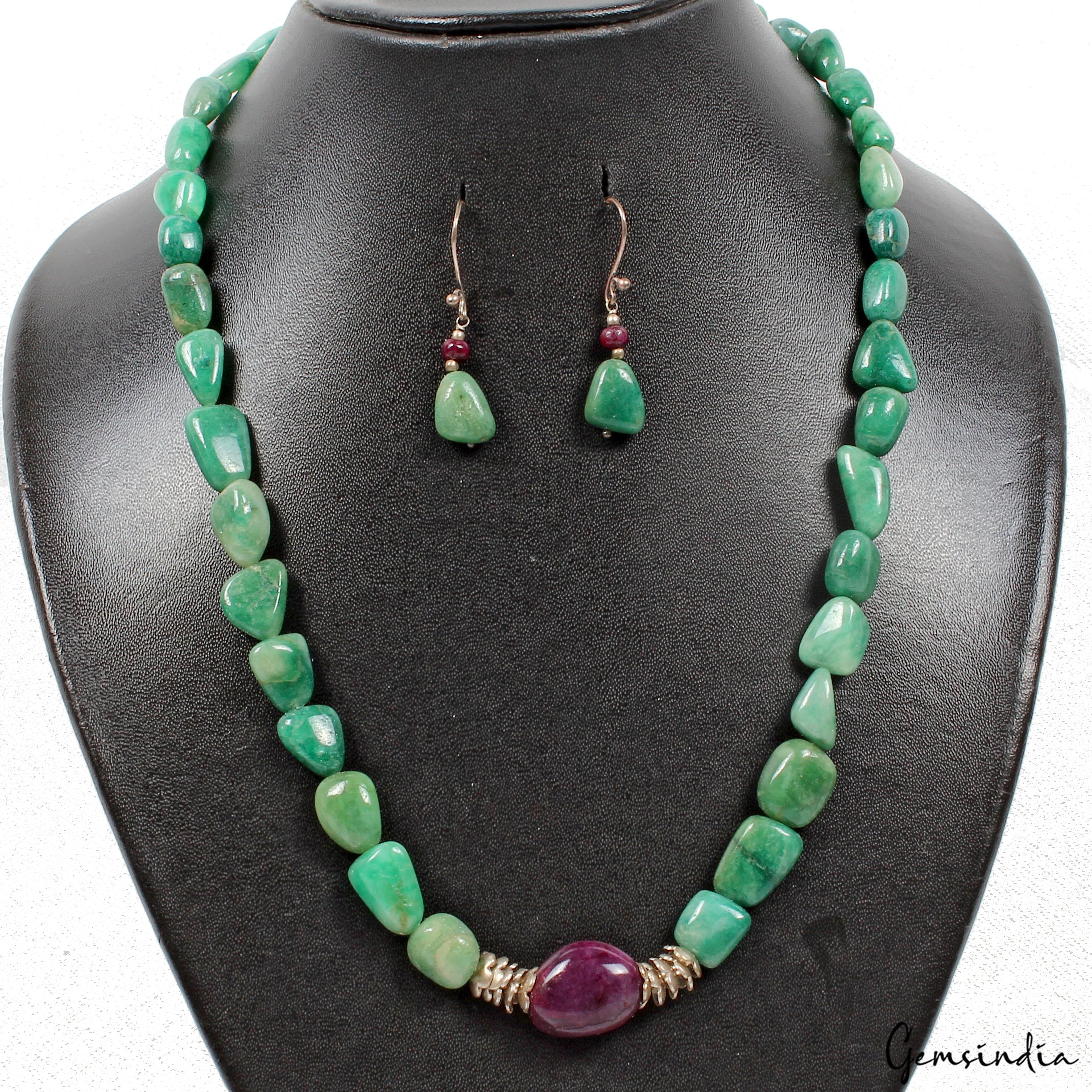 325 Ct Natural Emerald Ruby Tumble Cab Beaded Handmade Necklace with Earrings