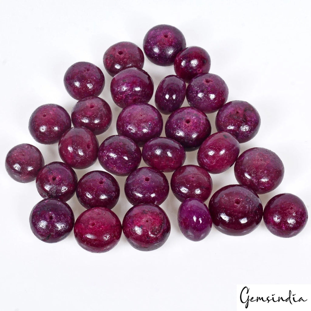 650 Ct/28 Pcs Natural Dark Red Ruby Round Cab Drill Beads Gems Lot For Jewelry