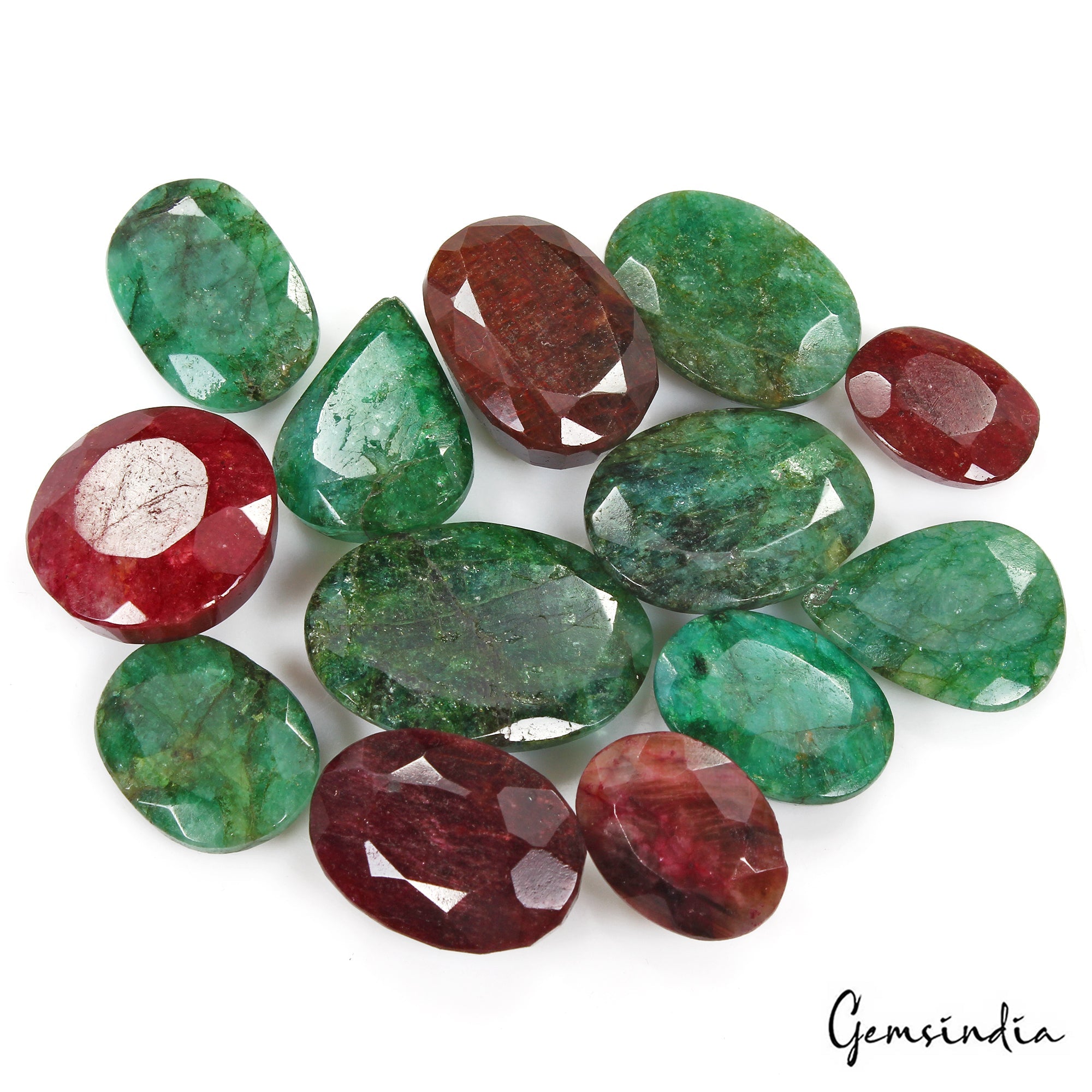 660 Cts/13 Pcs Natural Red Beryl Green Emerald Mixed Cut Loose Gems For Jewelry